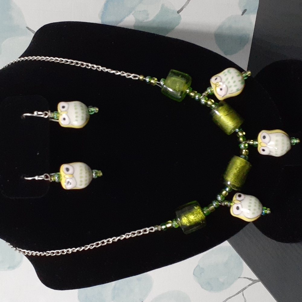 Silver Toned Owl Charms and Beads Necklace and Earrings